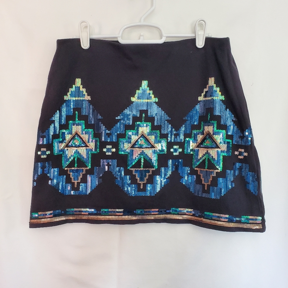 Womens Bongo Black Sequin Aztec Print Mini Skirt Lining Elastic Waistband Size M
